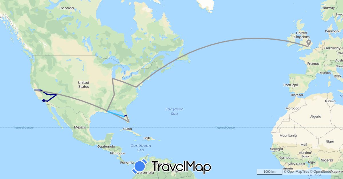 TravelMap itinerary: driving, plane, boat in United Kingdom, United States (Europe, North America)