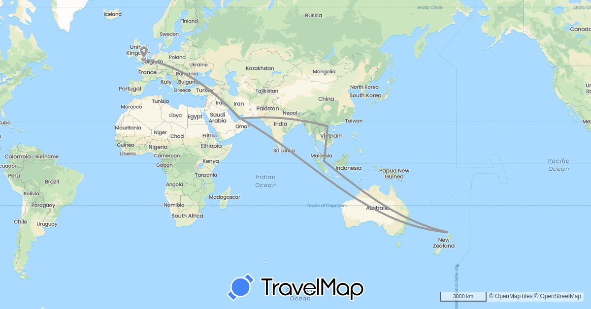 TravelMap itinerary: driving, plane in United Arab Emirates, United Kingdom, New Zealand, Singapore, Vietnam (Asia, Europe, Oceania)
